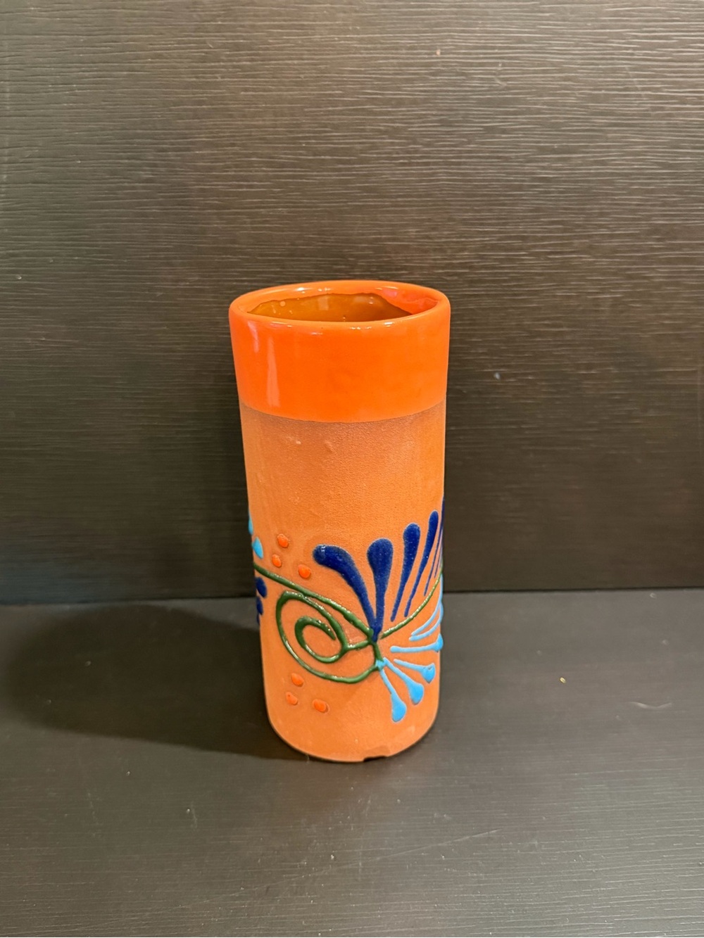 Handcrafted from Mexico Orange Ceramic Decorative Vase with Blue Floral Accents